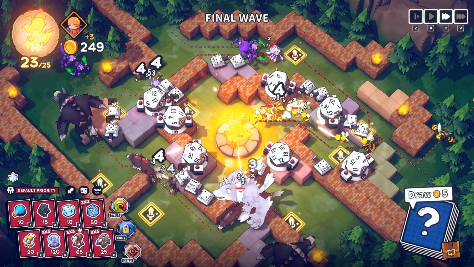 Forest battle with white dice towers showing rolled numbers, wolves and bees on a brick maze, fire at the center