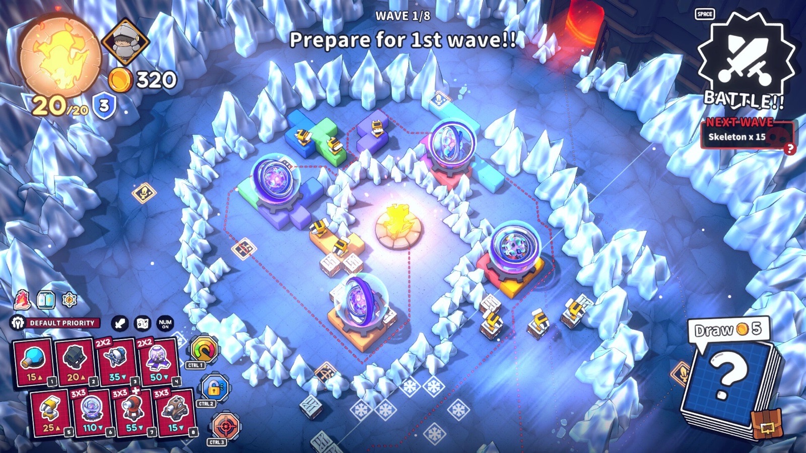 Snowfield battle with four magic towers casting wide purple and blue area effects