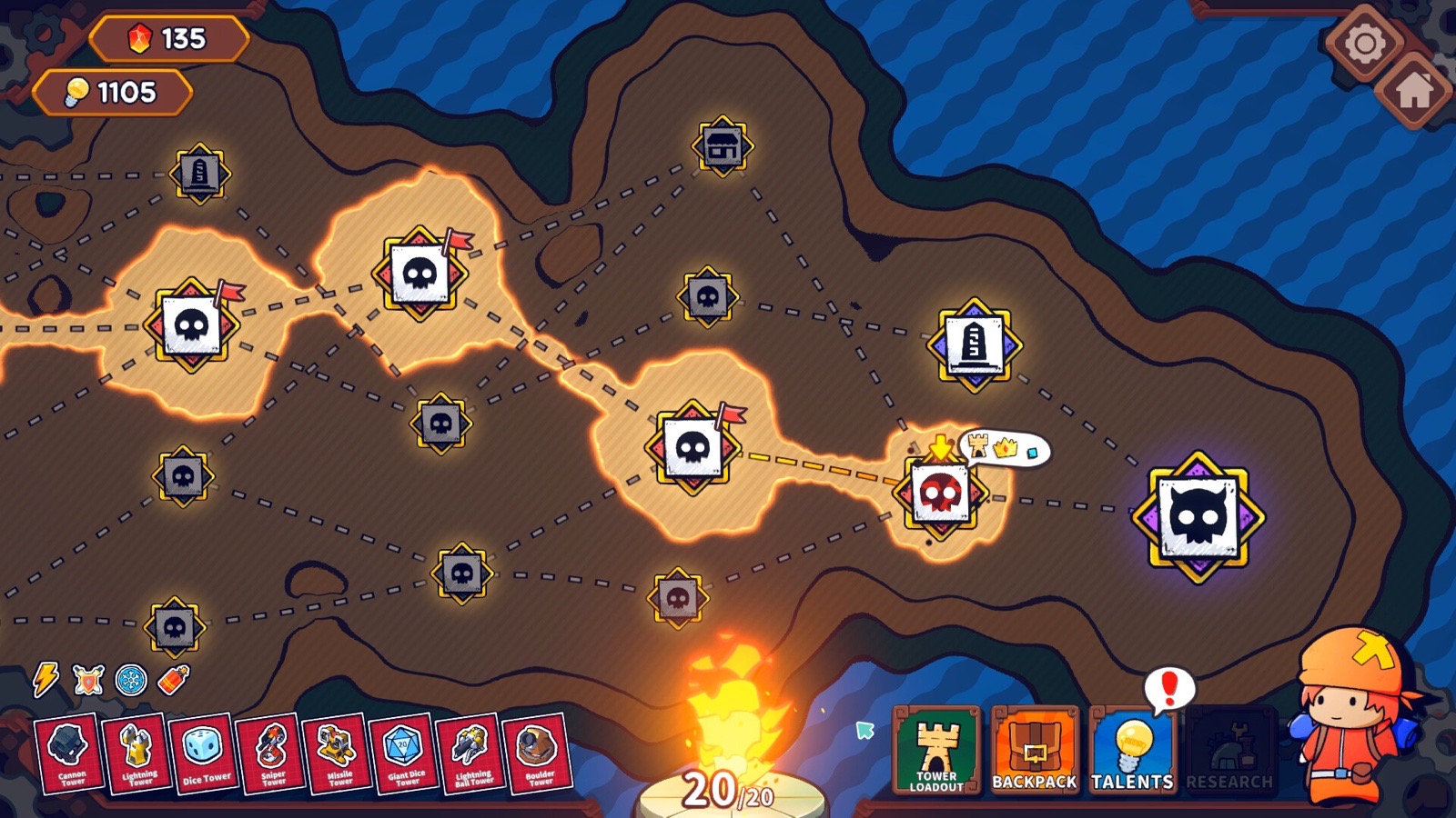 Branching node map with battle, shop and forge icons and one node highlighted